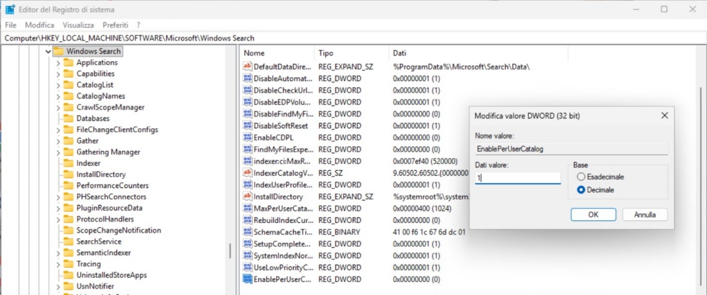 Windows search multi utente - Problemi ricerche in Outlook 1 EnablePerUserCatalog 1
