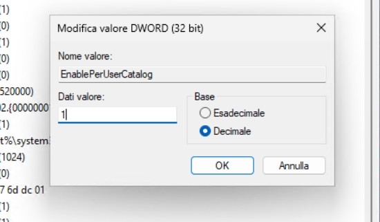 Windows search multi utente - Problemi ricerche in Outlook 1 EnablePerUserCatalog DWord32 1